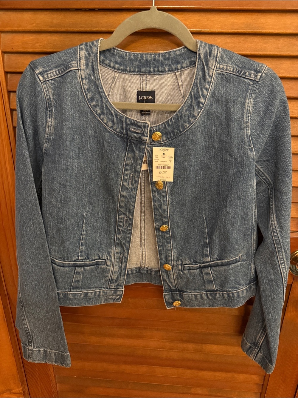 J. Crew Cropped Collarless Denim Lady Jacket in Medium Blue with Gold Buttons
